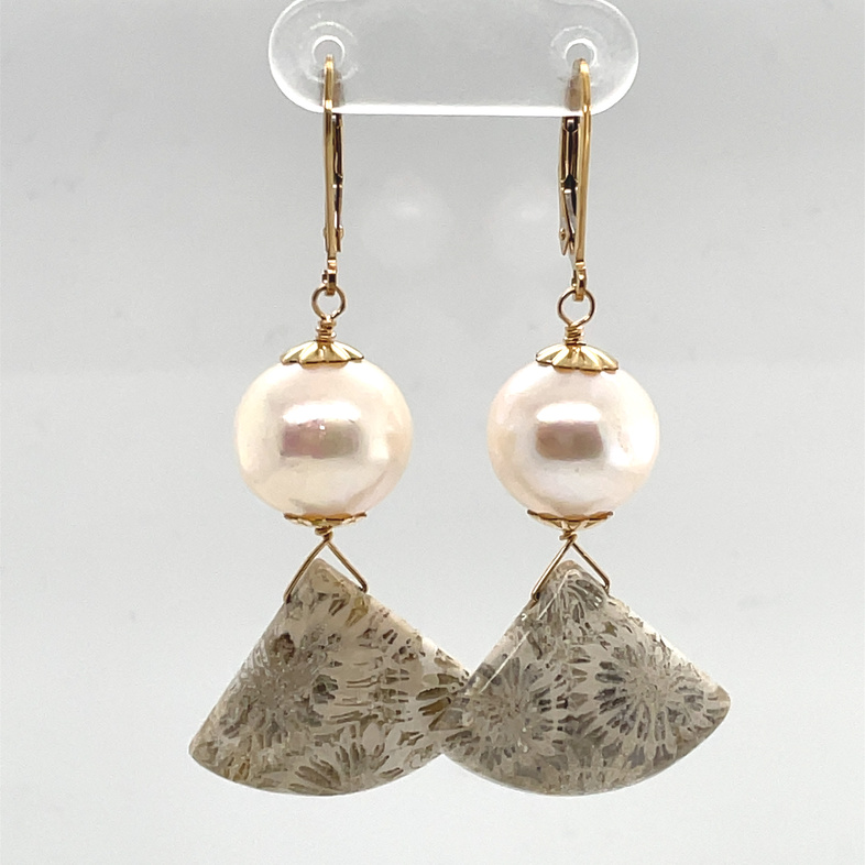 CATHY COOK GOLDFILL LEVER-BACK EARRINGS WITH LARGE WHITE PEARLS & FAN-SHAPE CORAL FOSSIL DROPS